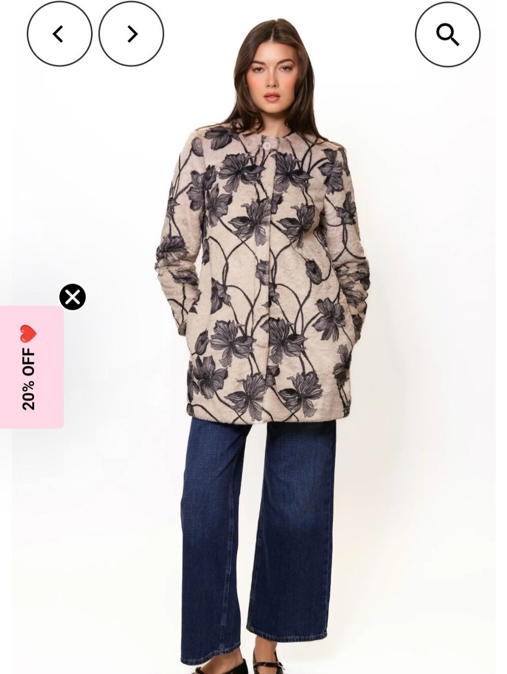 NWT Hutch Floral Faux Fur Coat - Beige with Black Flower Motif